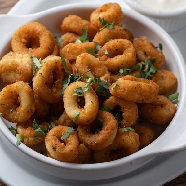 A white bowl filled with golden-brown fried calamari rings, garnished with fresh parsley.