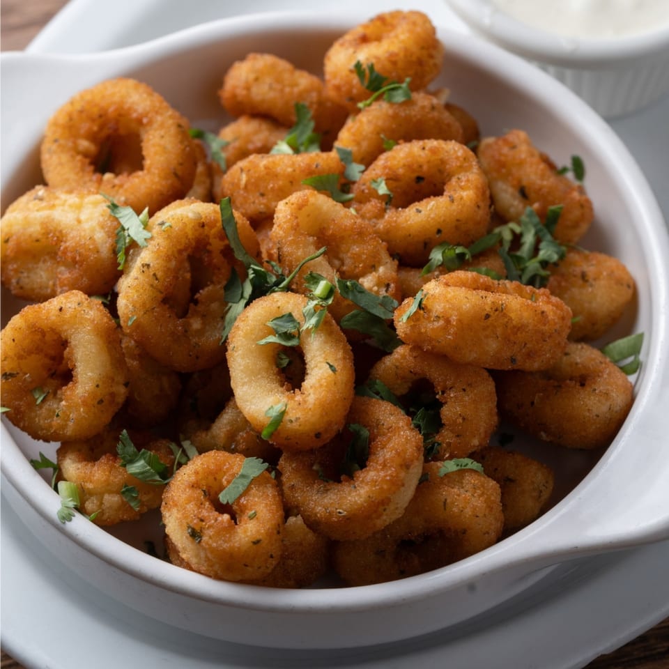 A white bowl filled with golden-brown fried calamari rings, garnished with fresh parsley.
