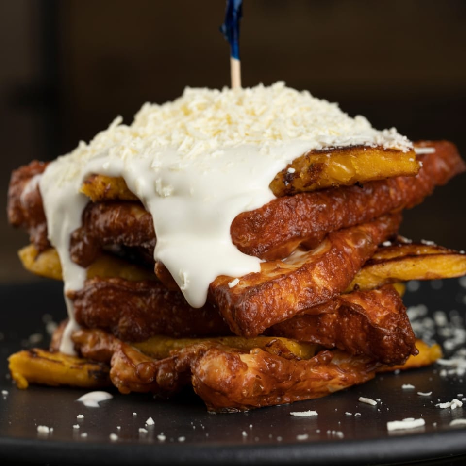 A stack of golden-brown fried plantains topped with white cream and shredded cheese on a dark plate.
