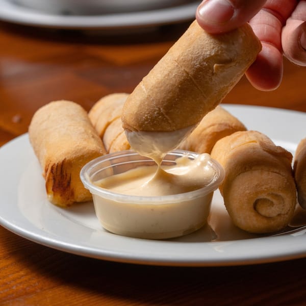A hand dips a golden-brown fried pastry into a small cup of creamy sauce on a white plate.