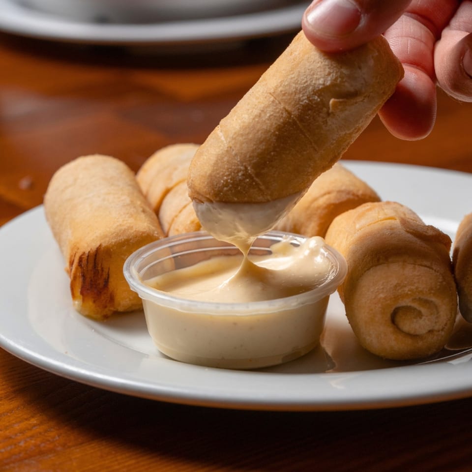 A hand dips a golden-brown fried pastry into a small cup of creamy sauce on a white plate.
